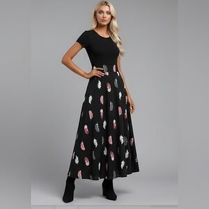 Black Printed Feather Patterned Dress
